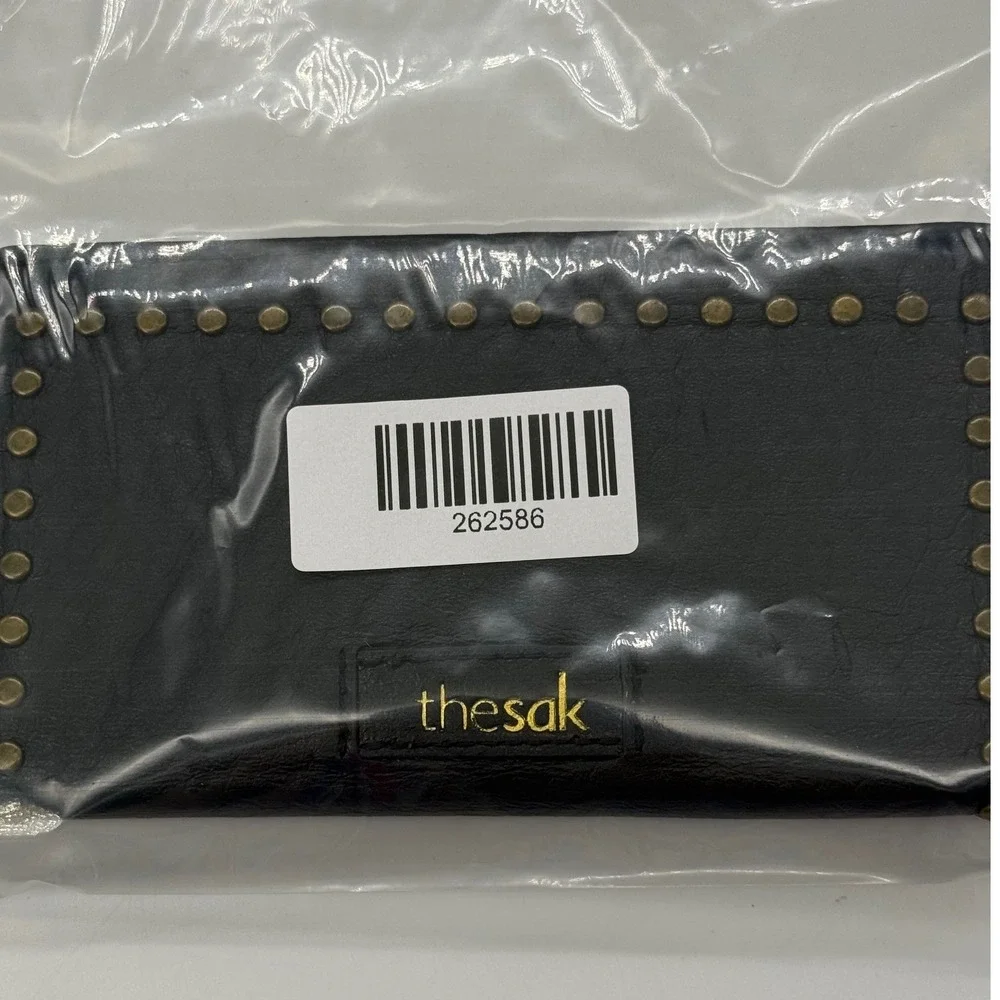 The Sak Black Leather Studded Bifold Slim Wallet Brass Accents Boho Organizer